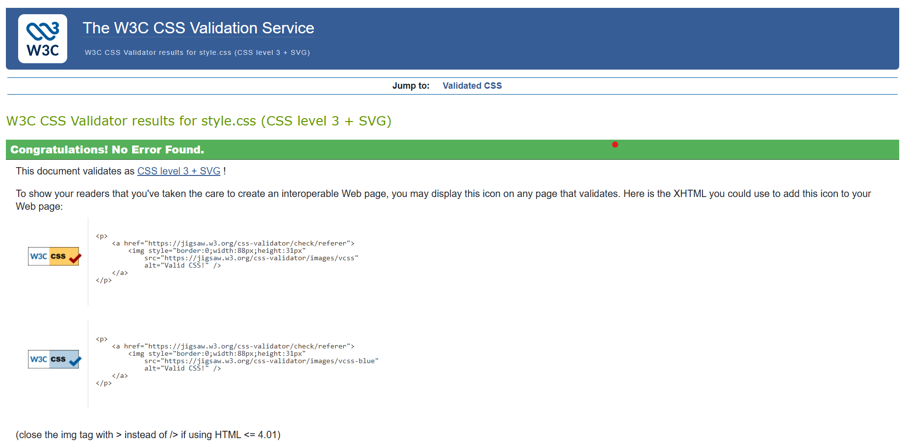 CSS Validation Screenshot for style.css